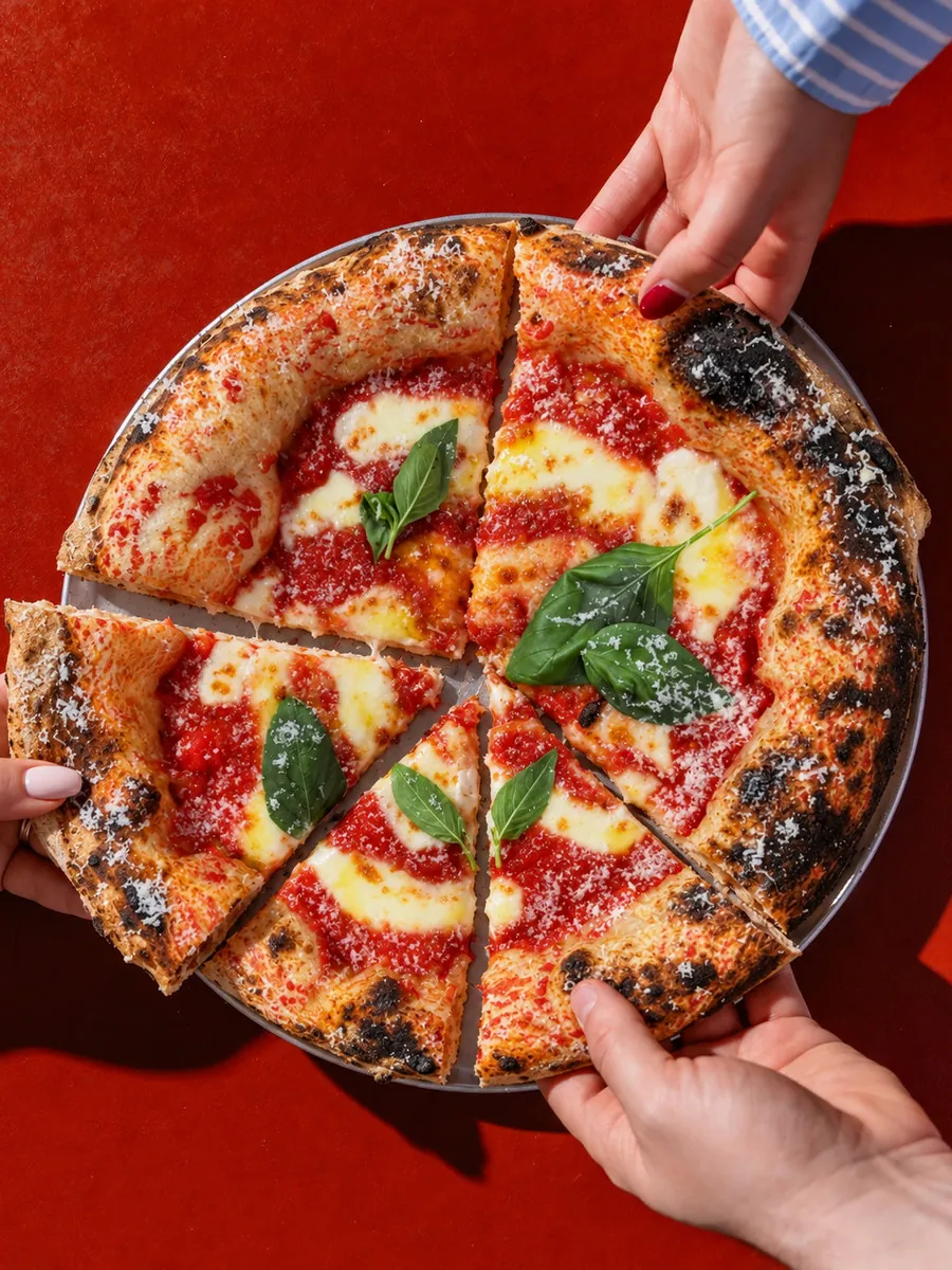 La misma pizza servida y fotografiada para carta
