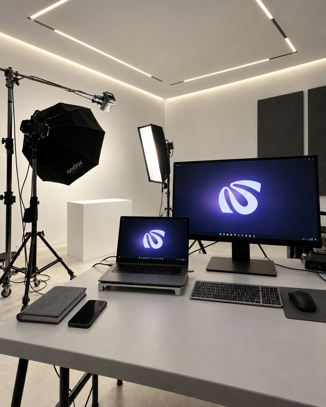 Set de rodaje de waviastudio: focos, mesa de trabajo y el monitor con el isotipo