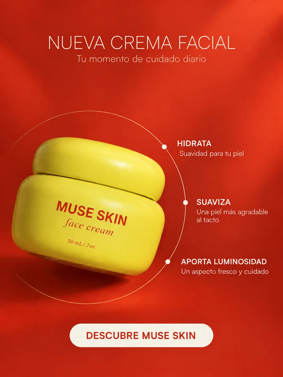 Anuncio de la crema MUSE SKIN sobre fondo rojo con sus beneficios